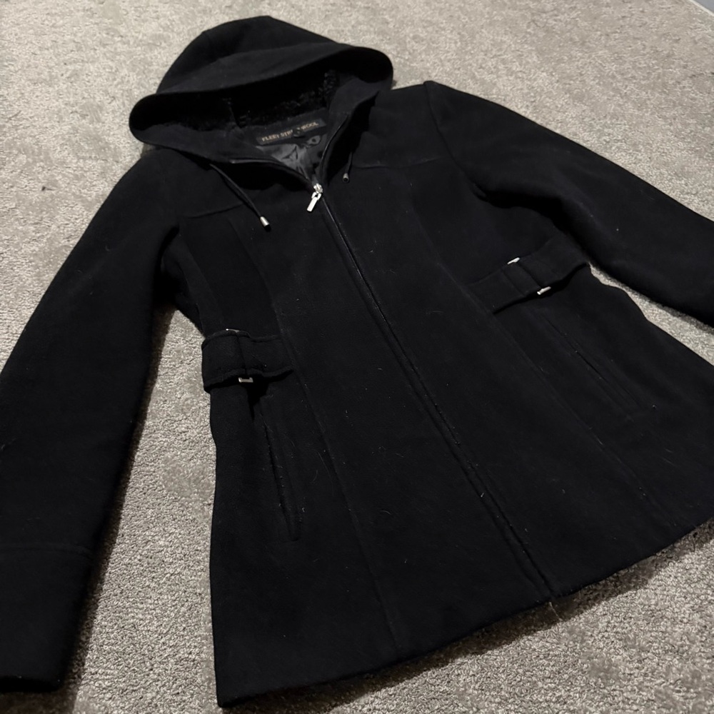FLEET‎ STREET WOOL women’s long black coat jacket size medium hood and buckles